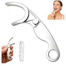 Púa de hilo dental de acero inoxidable, hilo dental de metal reutilizable, soporte de hilo dental de acero inoxidable y púa de hilo recargable, limpiador de dientes permanente portátil minimalista