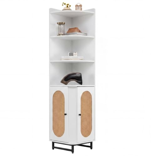 COSTWAY Hörn-bokhylla av PE-rotting, 172 cm högskåp med 2 dörrar och 4 öppna hyllor, platsbesparande bokskåp i boho-stil, hörnhylla, förvaringshylla för sovrum vardagsrum