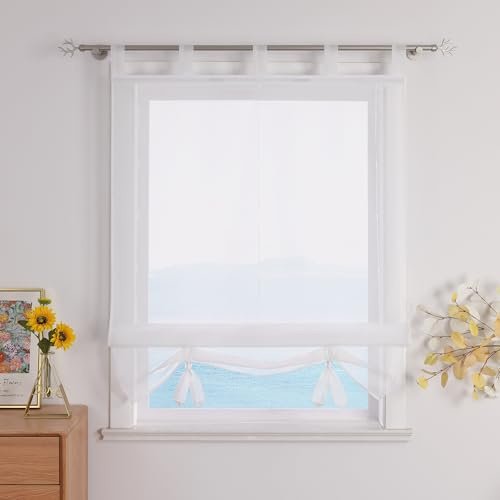 ESLIR Raffrollo mit Schlaufen Gardinen Küche Raffgardinen Transparent Schlaufenrollo Vorhänge Modern Voile Weiß BxH 60x155cm 1 Stück
