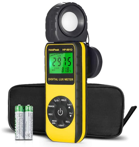 HOLDPEAK 881D Illuminance Light Meter, Digital Lux Foot Candles Meter 0.1~400,000 Lux (0.1~40,000 FC) with 270º Rotatable Detector, Par Meter Luxmeter for Plants LED Lights Indoor Outdoor Light Tester