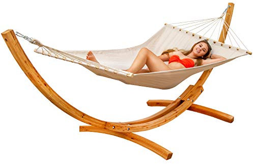 AMANKA XXL Hängematte mit Gestell - 325 cm Hängemattengestell Outdoor Holz - Beige Stabhängematte - für 2 - Ständer Zwei Personen