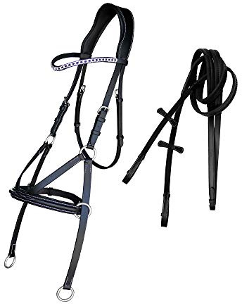 ExionPro Fancy Square Raised Bitless Leather Bridle with Crystal Diamond Brow Band and Stainless Steel Buckles | Equestrian Show Jumping Padded Bridle| English Horse Riding Premium Tack