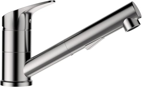 SCHOCK® Küchenarmatur Evinas Edelstahl I Hochdruckarmatur mit ausziehbarer Schlauchbrause I 137 mm Höhe & 195 mm Ausladung I Umschaltfunktion zwischen Strahl- & Brausemodus