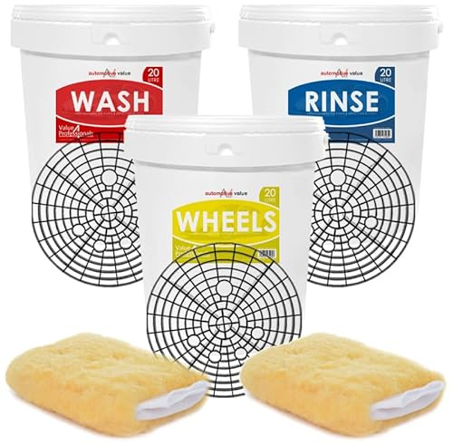 Smart Tech Car Care 3x 20 Litre Capacity Car Wash Bucket Set - Metal Buckets with Lids & Barriers - Swirl Free Wash Solution