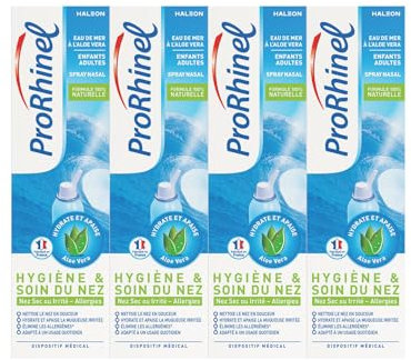 Prorhinel Spray Nasal Eau de Mer et Aloe Vera, Lavage Nez Bouché ou Rhume, Pour Enfants et Adultes, Fabriqué en France, Lot de 4x 100ml