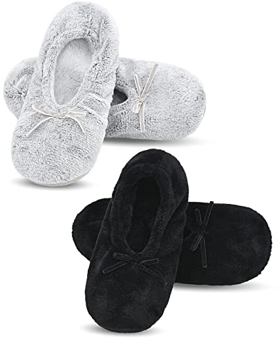 DICUIRD Ballerina House Slippers for Women, Anti-Skid Comfy Warm Ballet Style Slippers, Black&gray, 5-7.5