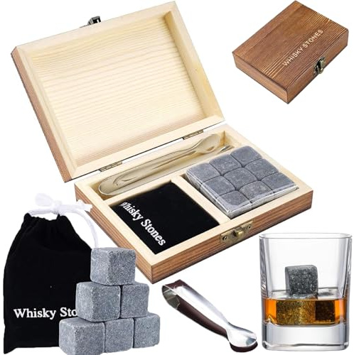 Whiskey Stones Geschenkset mit 2 Gläsern, handgefertigter Geschenkbox, 8 Granit-Whiskey-Rocks & Samtbeutel, wiederverwendbaren Eiswürfeln, Geschenk für Ihn, Trauzeugen, Vater (9 Whiskysteine)
