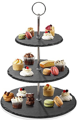 Qhecomce Tortenständer Schiefer Etagere 3 Etagen - Cupcake Ständer 3 stöckig Runder Servierturm Dessert Ständer für Hochzeit, Geburtstagsparty, Heimdekoration (Natural Cut Edge)
