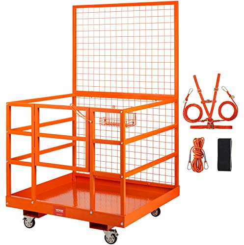 VEVOR Piattaforma Cestello di Sicurezza in Acciaio 91,4 x 91,4 x 94 cm Capacità Carico Max. 544,3kg, Cesta per Muletto con Piattaforma di Lavoro Portapersone Uso Industriale in Acciaio 91,4 x 91,4cm