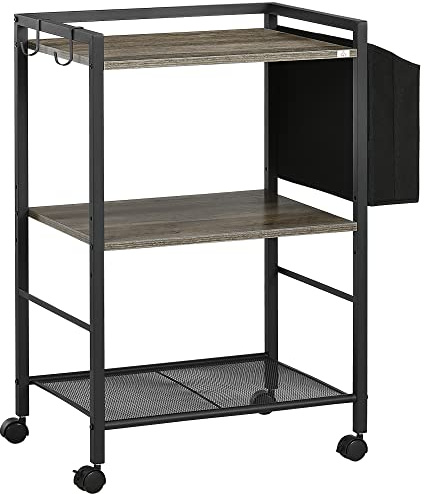 HOMCOM Carrito Auxiliar con Ruedas 3 Niveles 2 Ganchos 66x40x80,5 cm Gris | Carrito de Almacenamiento, Bolsa de Tela, Marco de Acero, para Salón Cocina Comedor