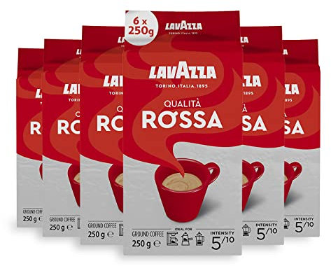 Lavazza, Qualità Rossa, Ground Coffee, 6 x 250 g, Ideal for Moka Pots, with Aromatic Notes of Chocolate and Dried Fruits, Arabica and Robusta, Intensity 5/10, Medium Roasting