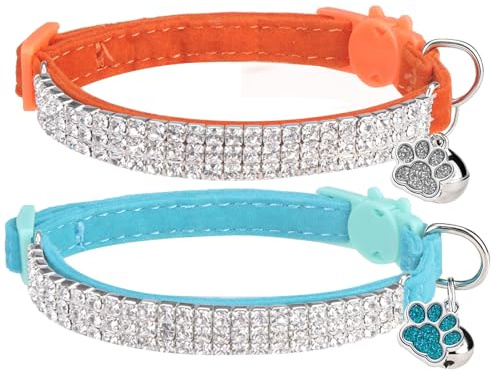 EXPAWLORER Samt-Katzenhalsband mit Glocke, Schnellverschluss, Funkelnde Strasssteine, niedliches Katzenhalsband, Sicherheitsschnalle, verstellbar, weich, schillernd, Haustierhalsband für Katzen und