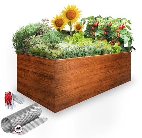 Hochbeet für Garten 170x85x63 cm Metall, Holzoptik - Hochbeet-Kit aus Premium-Polymerbeschichtetem Stahl, Rechteckig, Langlebiges Gartenbeet für Kräuter und Gemüse mit Maulwurfnetz