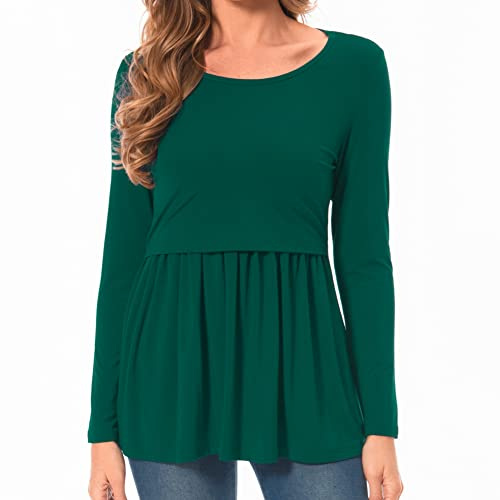 Bearsland Women's Nursing Tops Long Sleeve Scoop Neck Breastfeeding Shirt Maternity Clothes, Deep Green, L