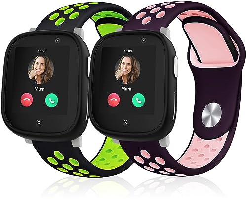 Polyjoy 2 Stück Kinder Silikon Armbänder kompatibel mit Xplora X6 Armband, Atmungsaktiv Weich Sport Ersatzarmband für Xplora X6 Play/Pro/Gen 2 Kinder Mädchen Jungen-Schwarz Grün+Violett Rosa