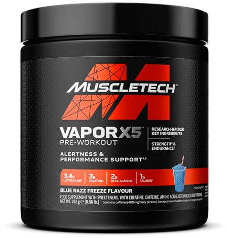 MuscleTech Vapor X5 Pre-Workout Pulver, Nahrungsergänzungsmittel Mit 3g Kreatine Monohydrat Pulver, Beta Alanine, Wachsamkeit und Leistung Mit Koffein, 30 Portionen, 252g, Blauer Razz Frost