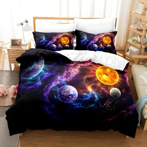 TSOPEFI Kosmische Galaxie Theme Kinder Bettwäsche,Mystrious Weltraum Galaxie Sterne Bettbezug Set,3D stellar Planet Jungen Teenager Bettbezug (135x200cm, B)