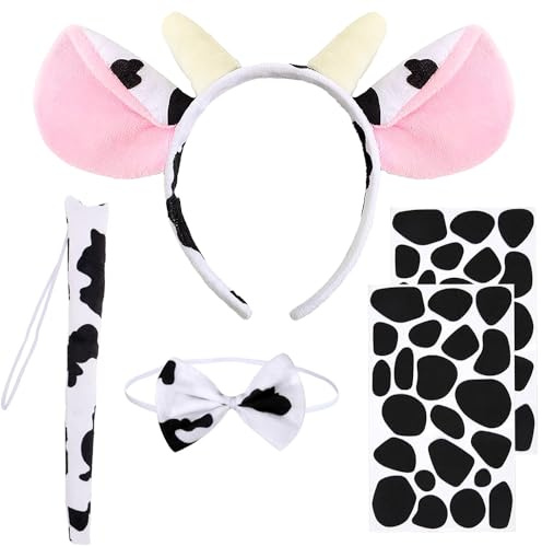 LXWINNER 5 Stück Kuh Kostüm Set,Tiere Kuhohren Ohren Stirnband Fliege Schwanz Selbstklebendee Aufkleber,Kuh Kostüm Kinder,Halloween Kostüm Faschingskostüme Zubehör für Fasching Cosplay Party