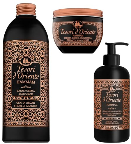 TESORI D'ORIENTE Hammam Wellbeing SET aromatischer Badezusatz, Körpercreme und Flüssigseife, Argan-Öl und Orangenblüte - Wellness-Rituale für Körper & Sinne