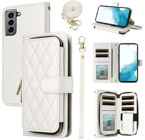 ELISORLI Wallet Case for Samsung Galaxy S22 5G with Wrist Strap, Crossbody Shoulder Strap,9+ Card Slots Zipper Purse,Luxury PU Leather Stand Cell Phone Cover for S 22 22S 4G G5 6.1 inch Women White