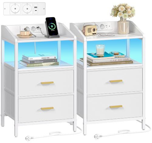 Hzuaneri Table de Chevet Lot de 2, avec Éclairage LED, Table de Nuit avec 2 Tiroirs de Rangement en Tissu, Tables d'appoint avec Ports USB et 2 Prises CA, pour Chambre, Blanc NS36213W