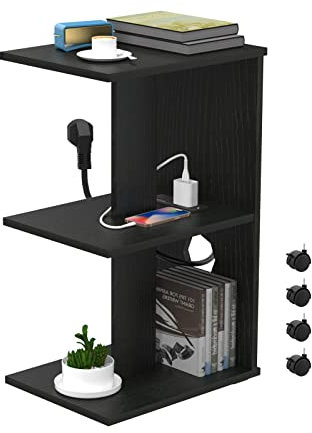 Utlenianie Beistelltisch mit Ladestation, Sofatisch mit Rollen, C-Form Couchtisch, 40x30x62cm Mobiler Kaffeetisch, Kleiner Tisch für Wohnzimmer, Schlafzimmer, Büro, platzsparend (schwarz)