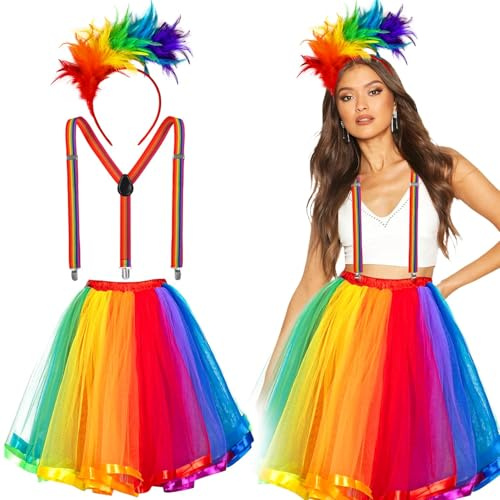 iZoeL Costume di Halloween da donna arcobaleno in tulle con piuma cerchietto colorato bretelle, gonna arcobaleno, unicorno anni '50, abbigliamento da donna, Halloween Carnevale