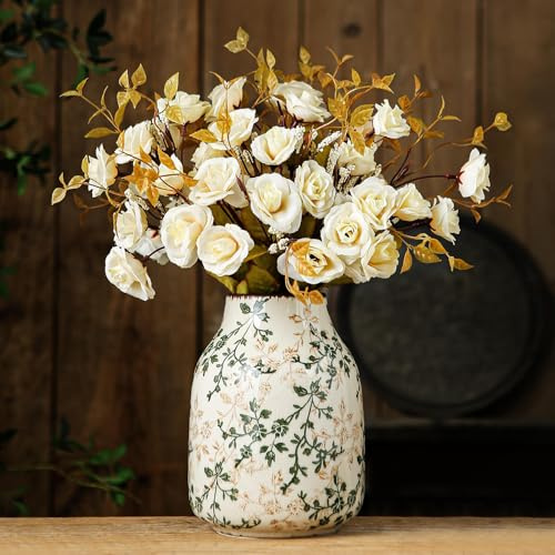 for Mom from Daughter or Son, Green & Beige Vintage Chinoiserie Ceramic Vase 7.8”, Floral Rustic Decorative Vase for Living Room, Bookshelf, Office, Grandmillennial & Tuscan Decor
