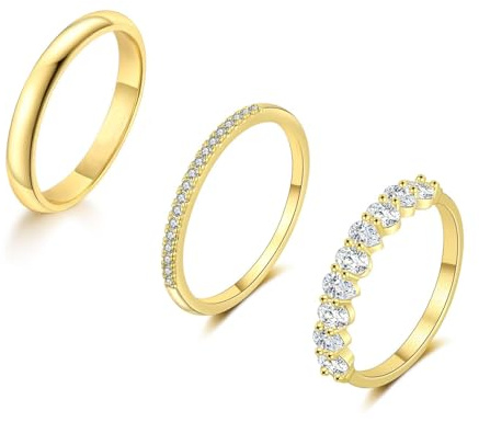 FUNEIA 3 Stück Ringe Gold Damen Frauen 14k Vergoldete Ring Wasserfest Set Dünner Goldene Ringe Statement Daumenring Fingerring Stapelring Zirkonia Schmale Ring Modeschmuck