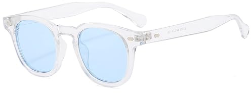 Long Keeper Gafas de Sol Redondas Vintage para Hombre Mujer Clásicas Retro Gafas Redondas Pequeñas Vintage Unisex Lente UV400 Protección, 44mm (Montura Transparente - Lente Azul)