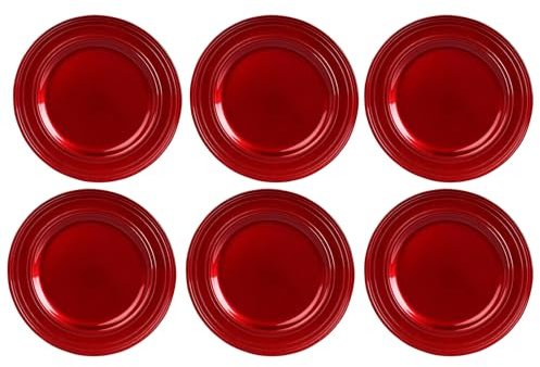 6 x Platzteller wiederverwendbar aus herrlich schimmernden Kunststoff Ø 33 cm - Unterteller wiederverwendbar - Dekoteller aus Kunststoff Farbe Rot