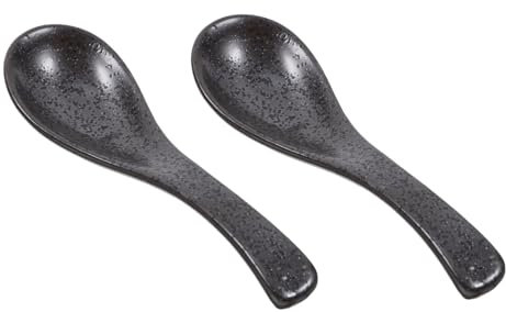 BUGUUYO Asian Ceramic Soup Spoon Vintage Black Ramen Soup Spoon for Kitchen and Dining Food-Grade Ceramic with Long Handle