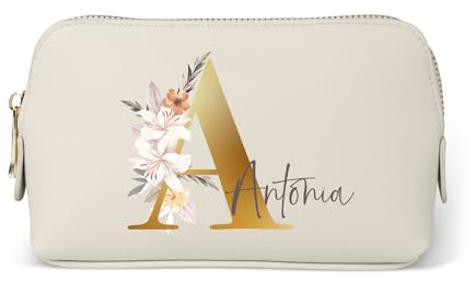 Love Faith personalisierte Kosmetiktasche - Oyster - 18x11x4,5 cm | Wähle Initiale & Namen für die Gravur - Hochwertiger PU-Kulturbeutel - Praktischer Reisebegleiter für Frauen