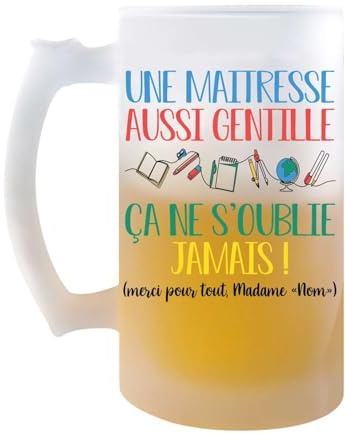 Planetee Chope de bière Personnalisable Maitresse aussi gentille| Verre à Bière Cadeau Remerciement fin d'Années Maitresse d'école Maternelle Professeur Institutrice Prof Noël