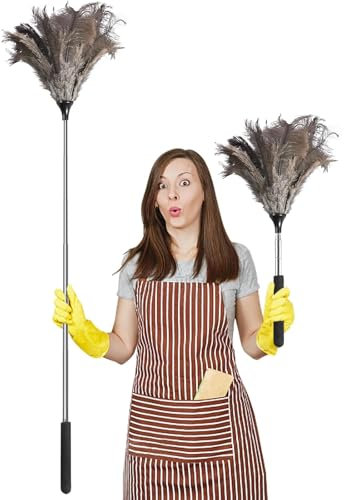 Spolverino per Polvere Piume di Struzzo, Spolverino Telescopico, Regolabile da 46 a 116 cm, Manico in Acciaio Inossidabile, Antistatico, Lavabile