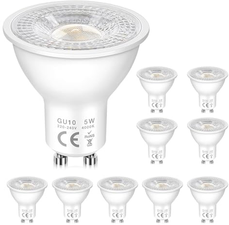 GU10 LED 5W Spotlight Bulbs, Natural White 4000K, Energy Saving LED Bulb, Equivalent 50W Halogen, 500LM, 120° Wide Beam, No Flickering, Non-dimmable, GU10 Spotlight Bulbs for Ceiling, 10 Pack