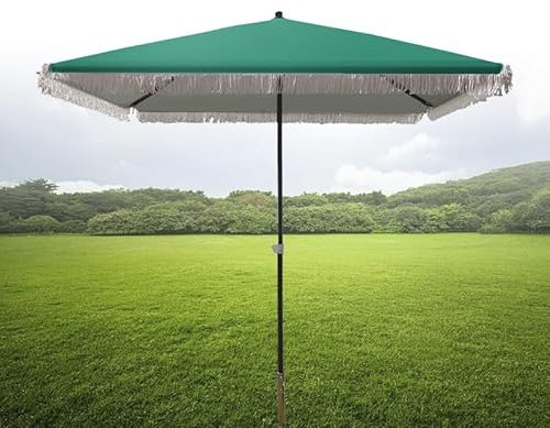 Ombrellone da esterno regolabile 2,0 x 2,0 m, baldacchino quadrato da spiaggia con frangia, parasole a 4 costole, ombrellone da giardino verde scuro per terrazza, cortile e uso a bordo piscina