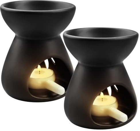 Aicharynic Lampada aromatica in ceramica nera: 2 pezzi lampada profumata in ceramica Wellness, bruciatore di candela, bruciatore di incenso, lampada per aroma retrò, colore nero, grande per la casa