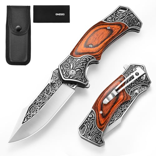 Omesio fällkniv, bladlängd 9,5 cm, ergonomiskt handtag med fickklämma, lämplig för dagligt bruk, för män och kvinnor, röd.
