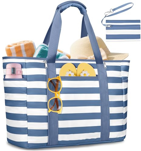 KTUEOV Strandtasche XXL Familie, Strandtasche Damen mit Reißverschluss GroB Badetasche Wasserdicht mit Nassfach Beach Bag Tote Bag Shopper Damen für Outdoor-Sport, Reisen und Alltag