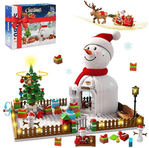 Muslecid Weihnachts Schneemannshaus Bauspielzeug mit LED Lichtern, 573 Stück Bausteinset mit Weihnachtsmann Weihnachtsbaum Rentiere Dekoration Spielzeug Geschenk für Kinder Mädchen Jungen ab 6+