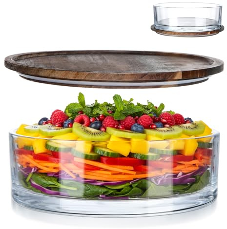 LemonRoad 9.8 Inch Large Salad Bowl with Acacia Wood Lid Glass Thick Salad Trifle Bowl Versatile Mixing and Serving Dish for Dessert Fruit Pasta Ice Cream Cake Baking Dishwasher Safe