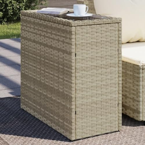 HaoChrymec Beistelltisch mit Glasplatte, PE-Rattan und Stahlrahmen, Loungetisch Outdoor, Moderner Couchtisch, Beistelltisch Garten, 58 x 27.5 x 55 cm