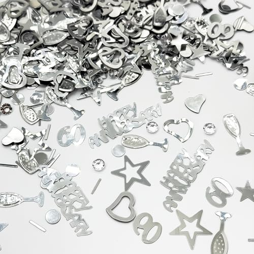60th Diamond Wedding Anniversary Decorations & Gifts Set, Silver Confetti Shimmering Table Scatter for Wedding Venue Party, 60 Diamond Anniversary Table Decor