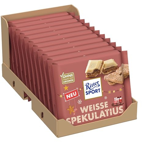 Ritter Sport Weisse Spekulatius, weiße Schokolade mit knusprigen Spekulatius-Stückchen, cremig & winterlich-aromatisch, ideal für gemütliche Weihnachtsmomente & als süßes Geschenk, 11 x 100 g