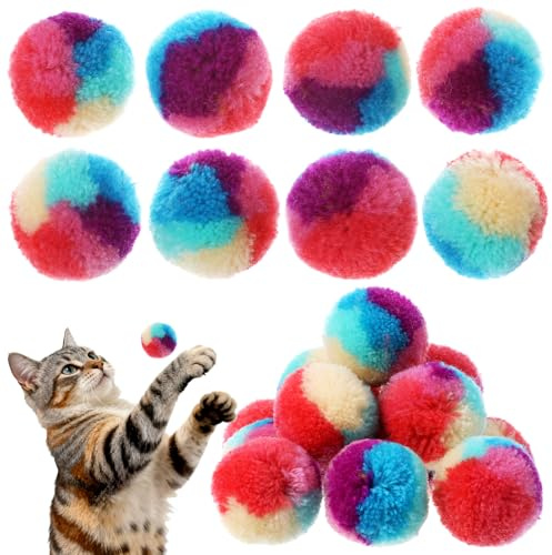Xindojuz 20 PCS Cat Pom Pom Balls, Assorted Color Fur Toy Kitty Yarn Puffs, Small Plush Interactive Soft Fuzzy Kitty Toy Balls for Indoor Pet Cat Kitten Teething, Chasing & Self Play, 0.98 Inch