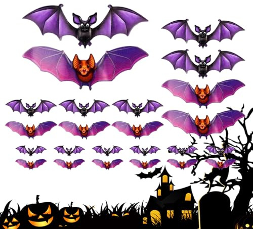 Autocollants Chauves-Souris Halloween,24 Pièces Autocollants Chauves-Souris 3D Éclairées - Décalques Décoratifs pour Maison Salon Salle de Classe | Magasin de Détail Halloween