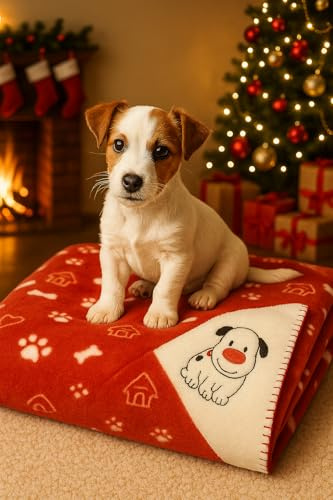 indigo® Christmas Dog Blanket Soft Fleece – Santa Puppy & Paw Print Pet Throw – Warm Cosy Winter Bedding for Puppies & Small Dogs – Crate, Bed & Sofa Cover (Red)
