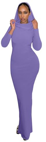Generisch 2026 - Robe longue moulante à capuche - Couleur unie - Coupe ajustée - Pour femme, lilas, L
