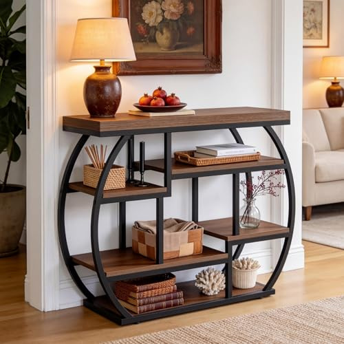 Tribesigns Konsolentisch 100 cm schmal, Flurtisch Industrial Design mit 6 Ablagen, Beistelltisch in Holzoptik mit geschwungenem Metallgestell, schmaler Sofatisch für Flur & Wohnzimmer, Vintage Braun